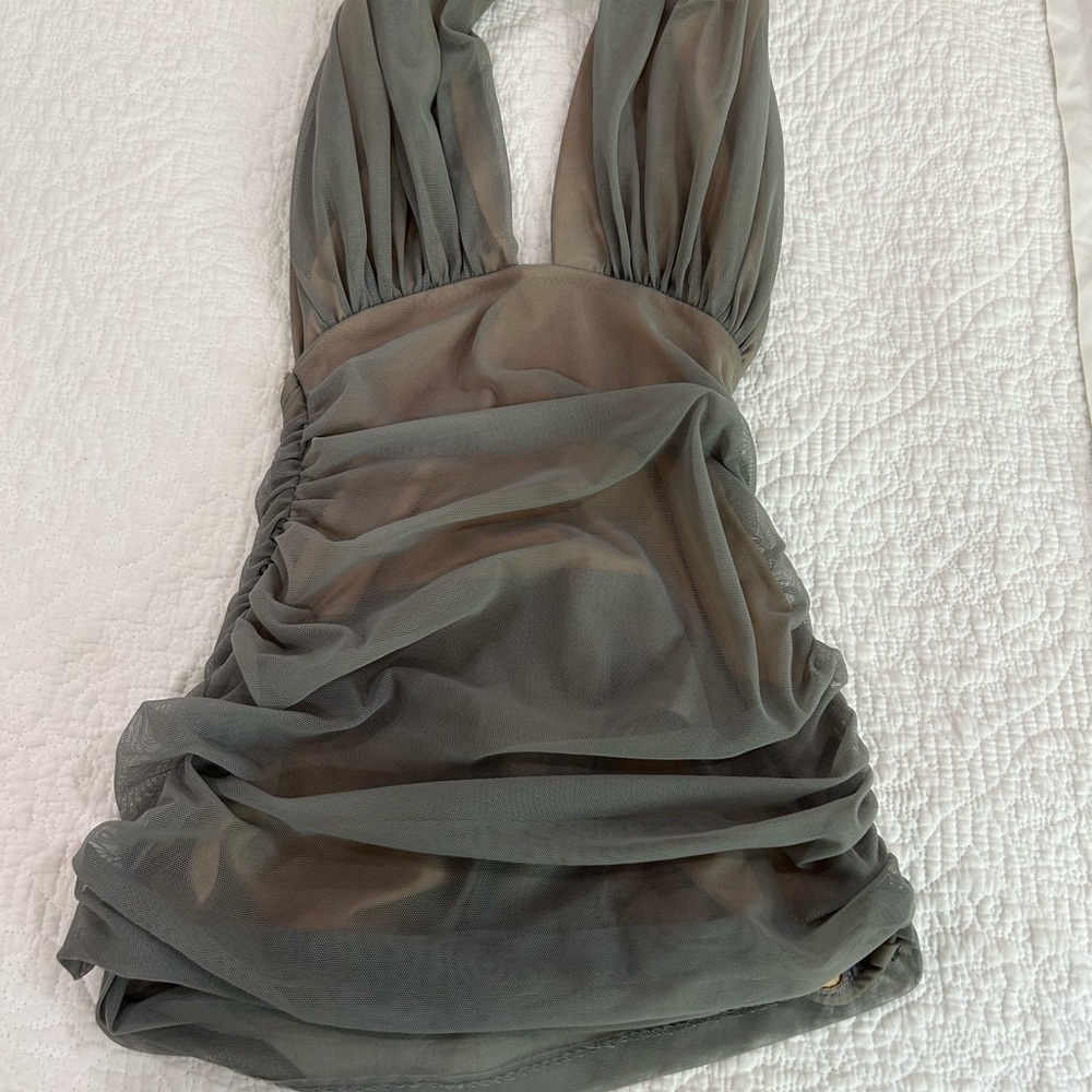 Sexy Norma Kamali Gray Mesh One Piece Swimsuit Nude Underlay